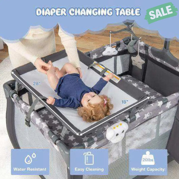 Portable Baby Playard with Changing Table Bassinet and Music Box-Gray Baby Playpen & Playards