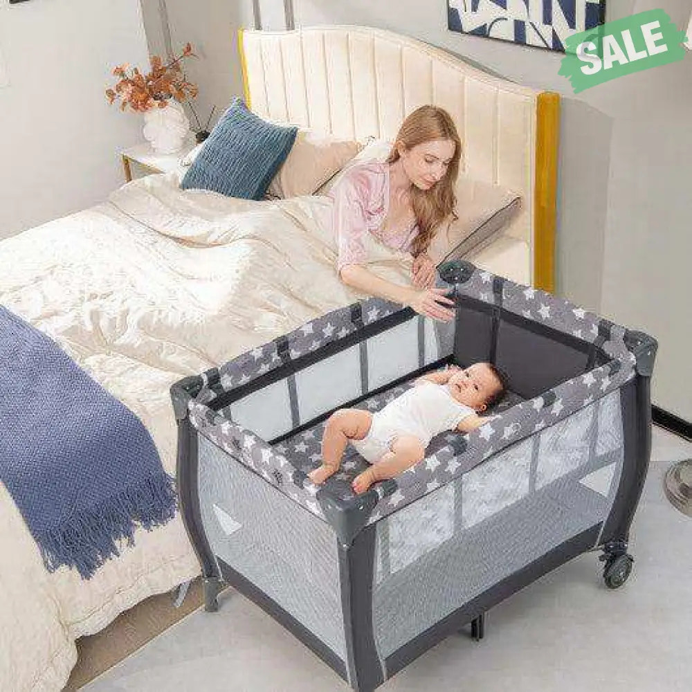Portable Baby Playard with Changing Table Bassinet and Music Box-Gray Baby Playpen & Playards
