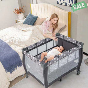 Portable Baby Playard with Changing Table Bassinet and Music Box-Gray Baby Playpen & Playards