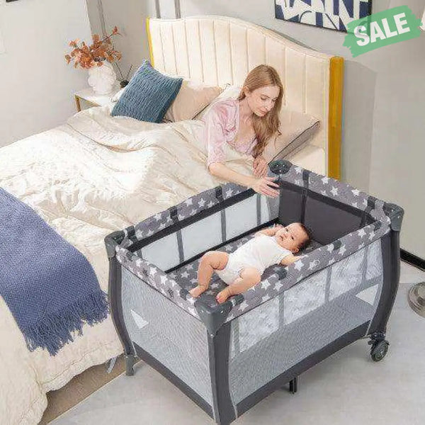 Portable Baby Playard with Changing Table Bassinet and Music Box-Gray Baby Playpen & Playards