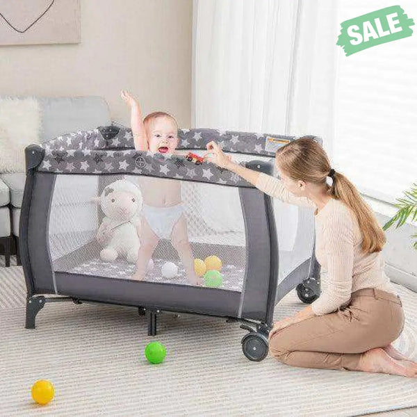 Portable Baby Playard with Changing Table Bassinet and Music Box-Gray Baby Playpen & Playards