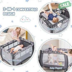 Portable Baby Playard with Changing Table Bassinet and Music Box-Gray Baby Playpen & Playards