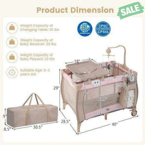 Portable Baby Playard with Changing Table Bassinet and Music Box-Gray Baby Playpen & Playards