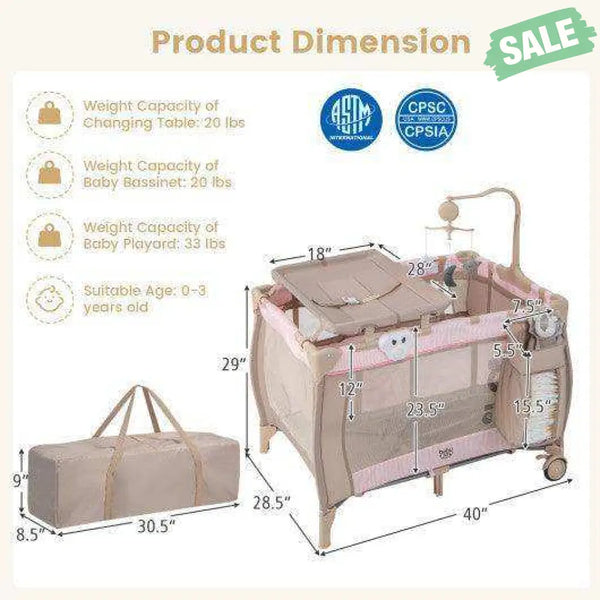 Portable Baby Playard with Changing Table Bassinet and Music Box-Gray Baby Playpen & Playards