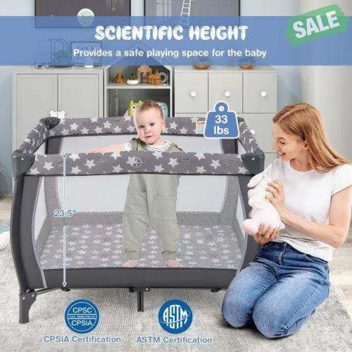 Portable Baby Playard with Changing Table Bassinet and Music Box-Gray Gray Baby Playpen & Playards