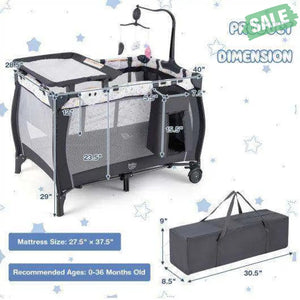 Portable Baby Playard with Changing Table Bassinet and Music Box-Gray Baby Playpen & Playards