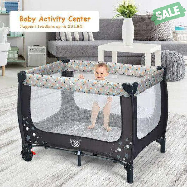 Portable Baby Playpen with Mattress Foldable Design-Blue Gray Baby Playpen & Playards