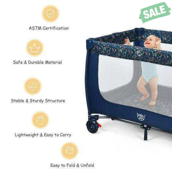 Portable Baby Playpen with Mattress Foldable Design-Blue Gray Baby Playpen & Playards
