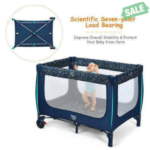 Portable Baby Playpen with Mattress Foldable Design-Blue Gray Baby Playpen & Playards