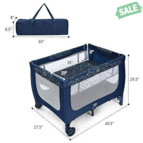 Portable Baby Playpen with Mattress Foldable Design-Blue Gray Baby Playpen & Playards