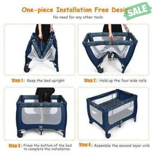 Portable Baby Playpen with Mattress Foldable Design-Blue Gray Baby Playpen & Playards