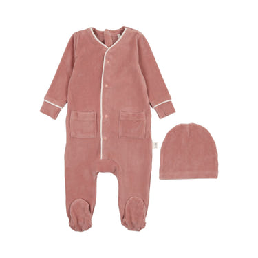 Dusty pink velour footie for babies, soft and cozy, perfect for playtime and comfort.