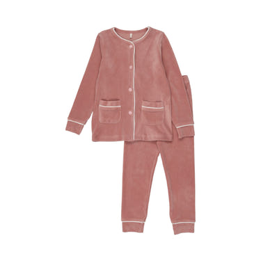 Dusty pink velour pajamas for babies, soft and cozy for comfortable play and sleep.