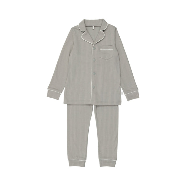 Ribbed Grandpa PJ in Dusty Blue for babies, perfect for cozy bedding and sleep.