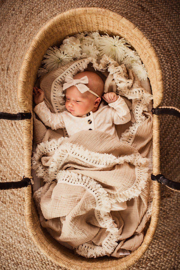 Tan Fringe Muslin Swaddle Blanket