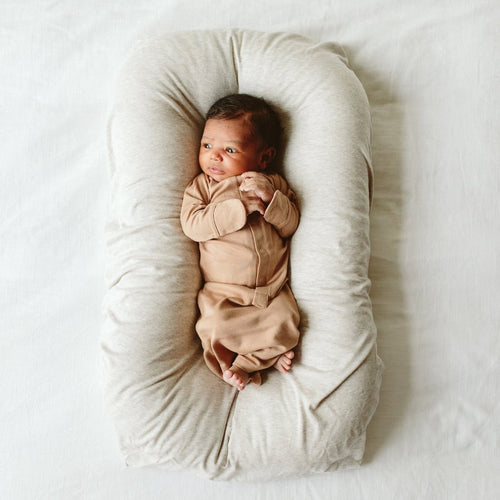 PREEMIE 24 Hour Convertible Gown in Sandstone, angle 3 view, perfect for newborns and preemies.