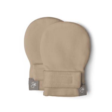 PREEMIE STAY ON MITTS in Sandstone - Soft, secure mittens for preemie babies to prevent scratching and keep hands warm.