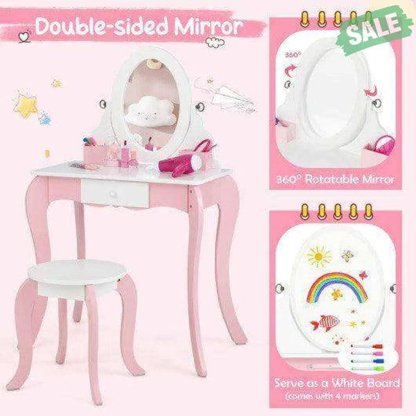 Pretend Kids Vanity Set with 360° Rotatable Mirror and Play Accessories Kids Vanities