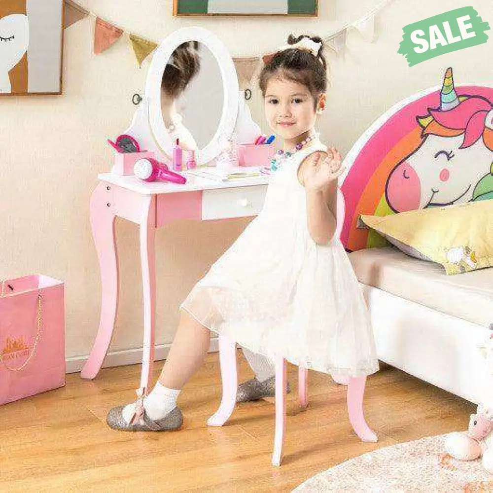 Pretend Kids Vanity Set with 360° Rotatable Mirror and Play Accessories Kids Vanities