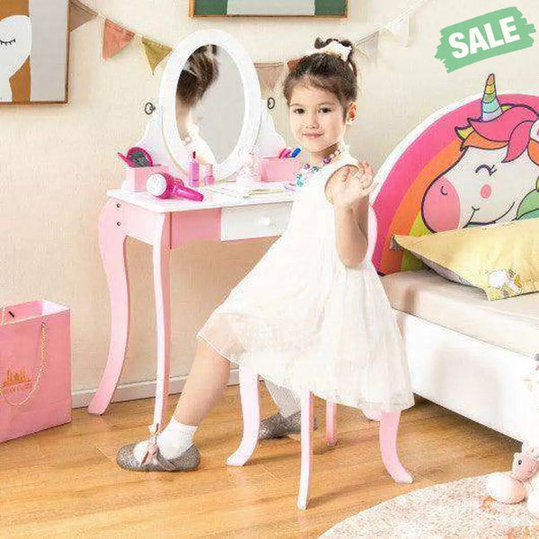 Pretend Kids Vanity Set with 360° Rotatable Mirror and Play Accessories Kids Vanities