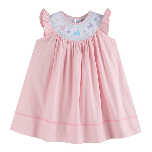 Pretty Pink Easter Bunny Smocked Bishop Dress for babies, perfect for spring celebrations and special occasions.
