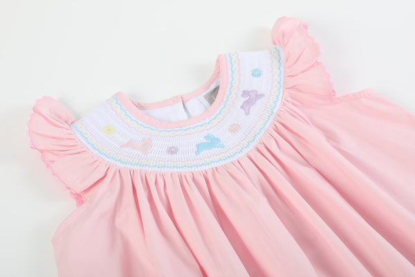 Pretty Pink Easter Bunny Smocked Bishop Dress for babies, showcasing a cute design from angle 3.