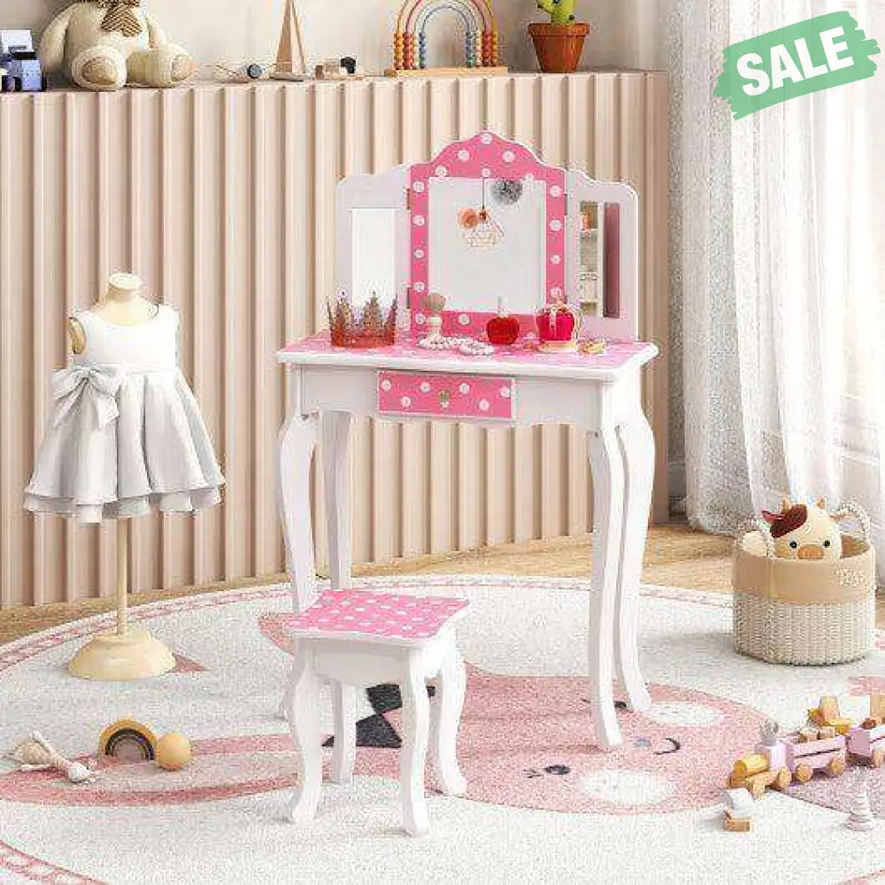 Princess Pretend Play Makeup Dressing Table with Cute Polka Dot Print-Pink Kids Vanities