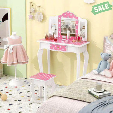 Princess Pretend Play Makeup Dressing Table with Cute Polka Dot Print-Pink Kids Vanities