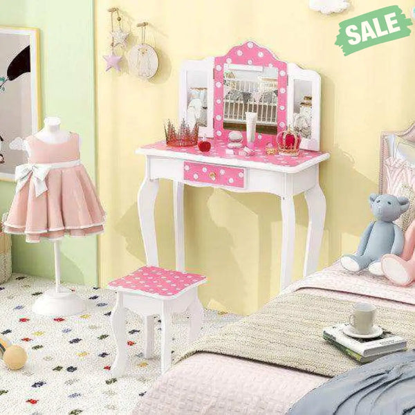 Princess Pretend Play Makeup Dressing Table with Cute Polka Dot Print-Pink Kids Vanities
