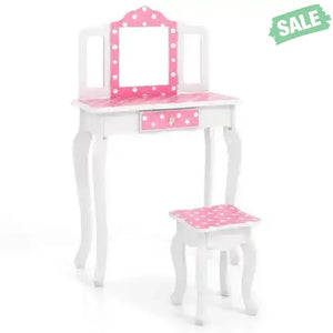 Princess Pretend Play Makeup Dressing Table with Cute Polka Dot Print-Pink Kids Vanities