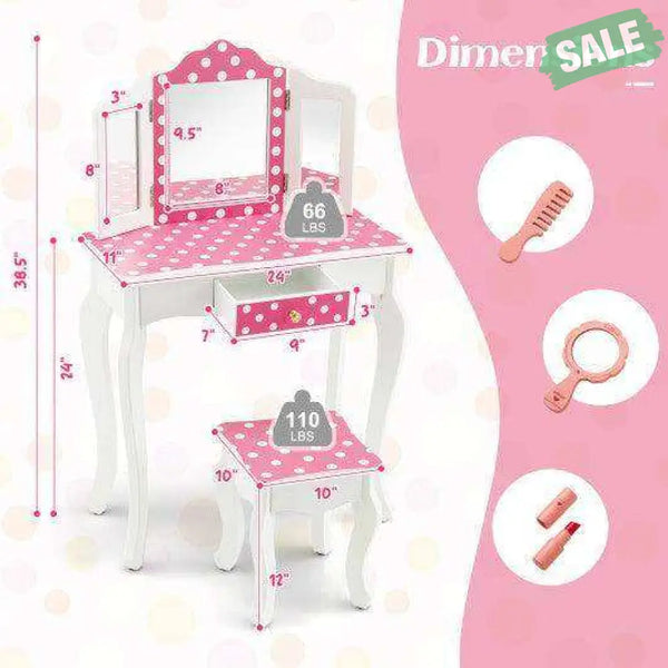 Princess Pretend Play Makeup Dressing Table with Cute Polka Dot Print-Pink Kids Vanities