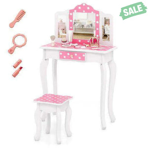 Princess Pretend Play Makeup Dressing Table with Cute Polka Dot Print-Pink Kids Vanities