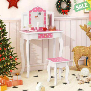 Princess Pretend Play Makeup Dressing Table with Cute Polka Dot Print-Pink Kids Vanities