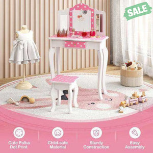 Princess Pretend Play Makeup Dressing Table with Cute Polka Dot Print-Pink Kids Vanities