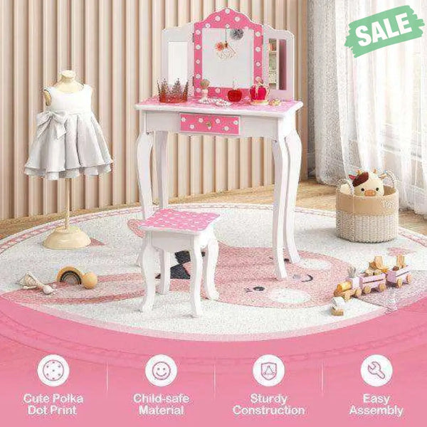 Princess Pretend Play Makeup Dressing Table with Cute Polka Dot Print-Pink Kids Vanities