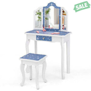 Princess Pretend Play Makeup Table and Stool Set with Tri-folding Mirror-Blue Blue Kids Vanities