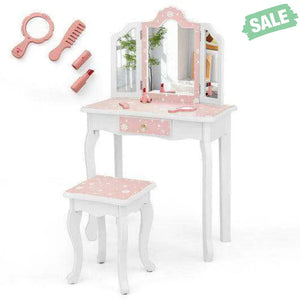 Princess Pretend Play Makeup Table and Stool Set with Tri-folding Mirror-Blue Blue Kids Vanities