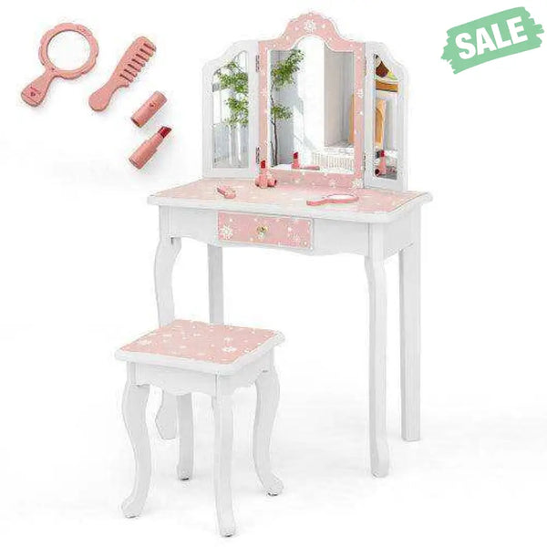 Princess Pretend Play Makeup Table and Stool Set with Tri-folding Mirror-Blue Blue Kids Vanities
