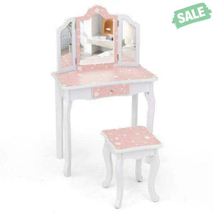 Princess Pretend Play Makeup Table and Stool Set with Tri-folding Mirror-Blue Blue Kids Vanities
