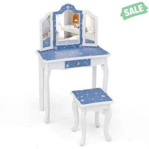 Princess Pretend Play Makeup Table and Stool Set with Tri-folding Mirror-Blue Blue Kids Vanities