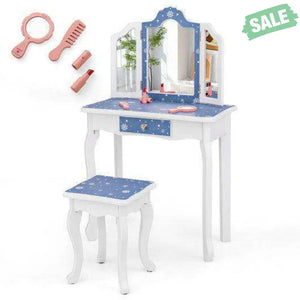 Princess Pretend Play Makeup Table and Stool Set with Tri-folding Mirror-Blue Blue Kids Vanities