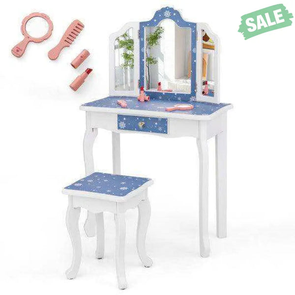 Princess Pretend Play Makeup Table and Stool Set with Tri-folding Mirror-Blue Blue Kids Vanities