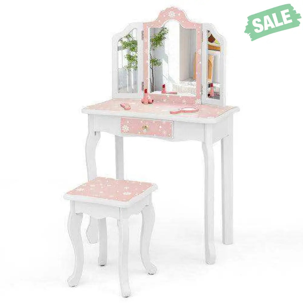 Princess Pretend Play Makeup Table and Stool Set with Tri-folding Mirror-Pink