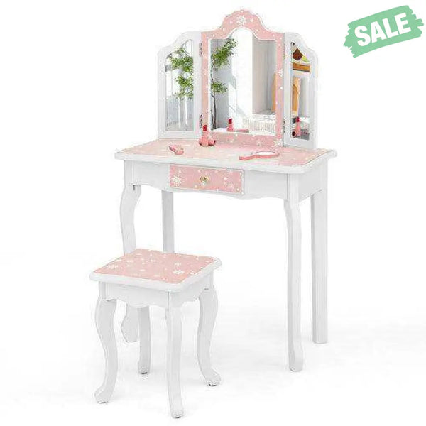 Princess Pretend Play Makeup Table and Stool Set with Tri-folding Mirror-Pink