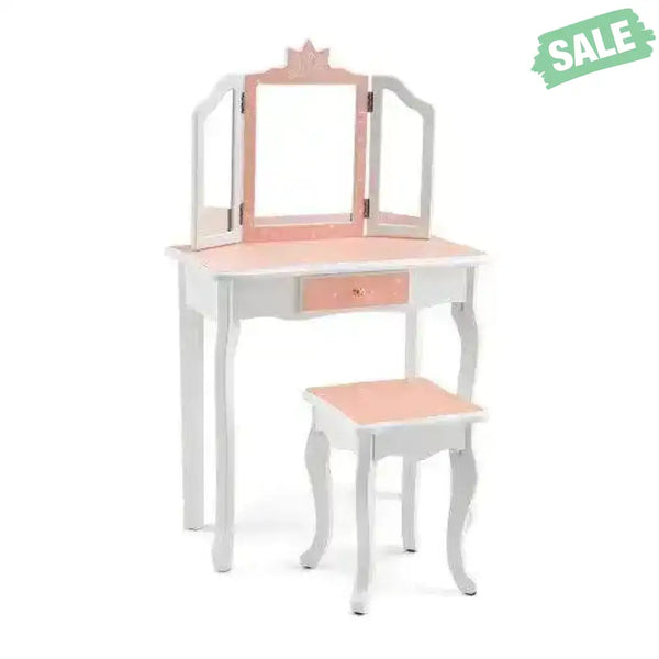 Princess Vanity Table and Chair Set with Tri-Folding Mirror and Snowflake Print-Blue Blue Kids Vanities