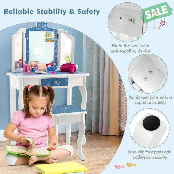 Princess Vanity Table and Chair Set with Tri-Folding Mirror and Snowflake Print-Blue Blue Kids Vanities