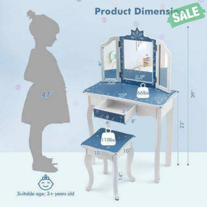 Princess Vanity Table and Chair Set with Tri-Folding Mirror and Snowflake Print-Blue Blue Kids Vanities