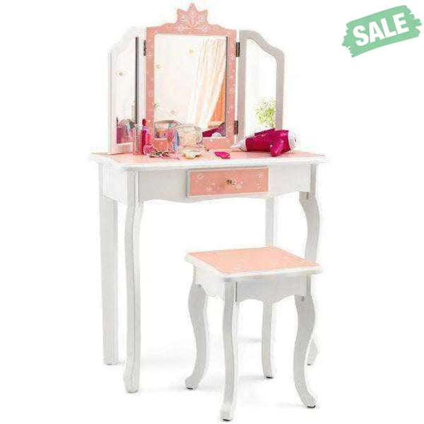 Princess Vanity Table and Chair Set with Tri-Folding Mirror and Snowflake Print-Blue Blue Kids Vanities