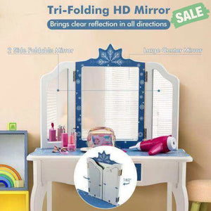 Princess Vanity Table and Chair Set with Tri-Folding Mirror and Snowflake Print-Blue Blue Kids Vanities