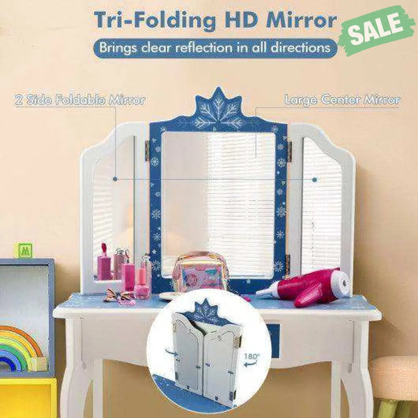Princess Vanity Table and Chair Set with Tri-Folding Mirror and Snowflake Print-Blue Blue Kids Vanities